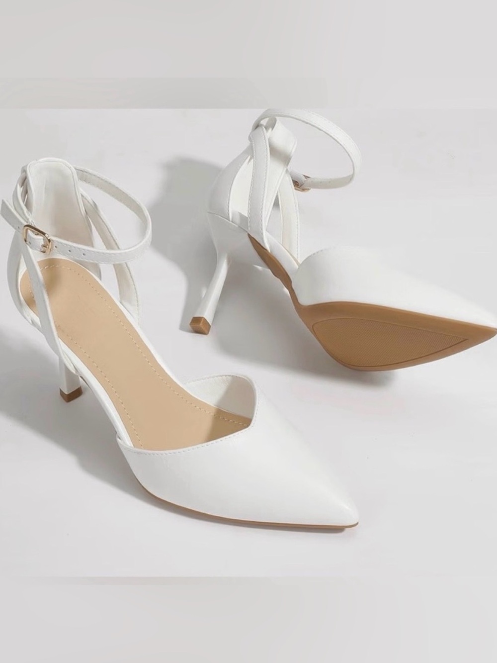 IDIFU White Pointed Toe Ankle Strap Stiletto Heels